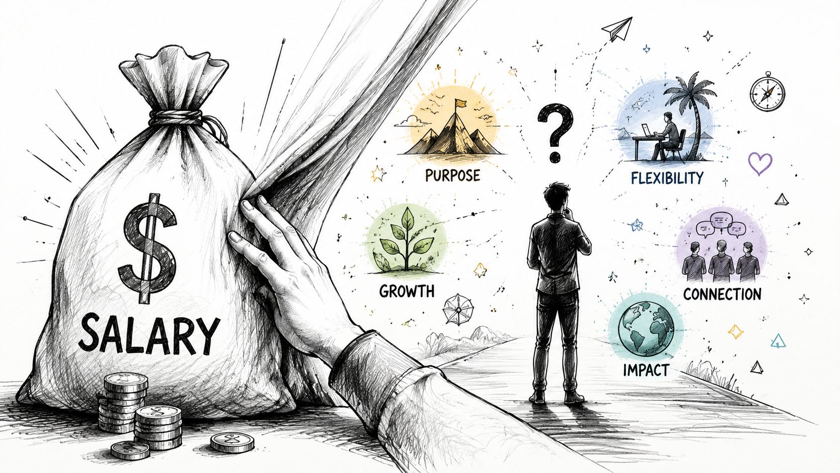 A person contemplating career choices between a salary focus and personal goals like growth and purpose.