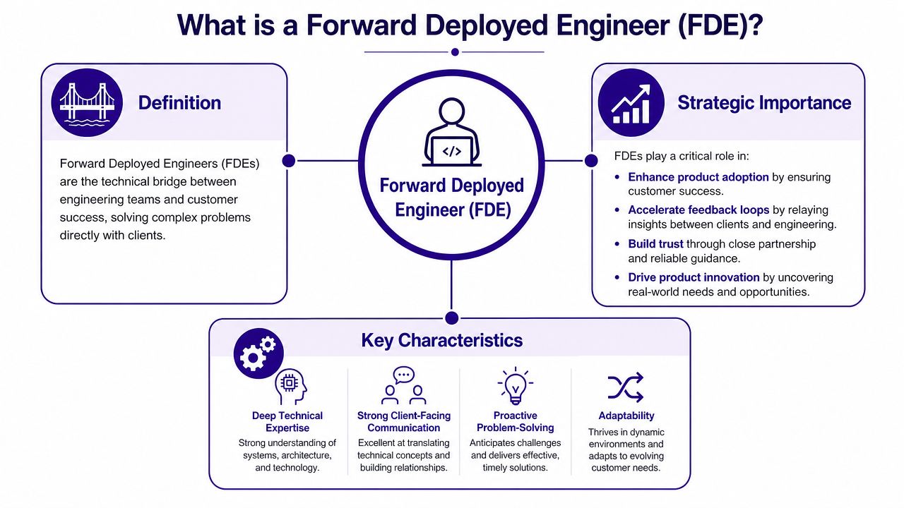 An infographic titled What is a Forward Deployed Engineer explaining their definition, strategic importance, and key characteristics.