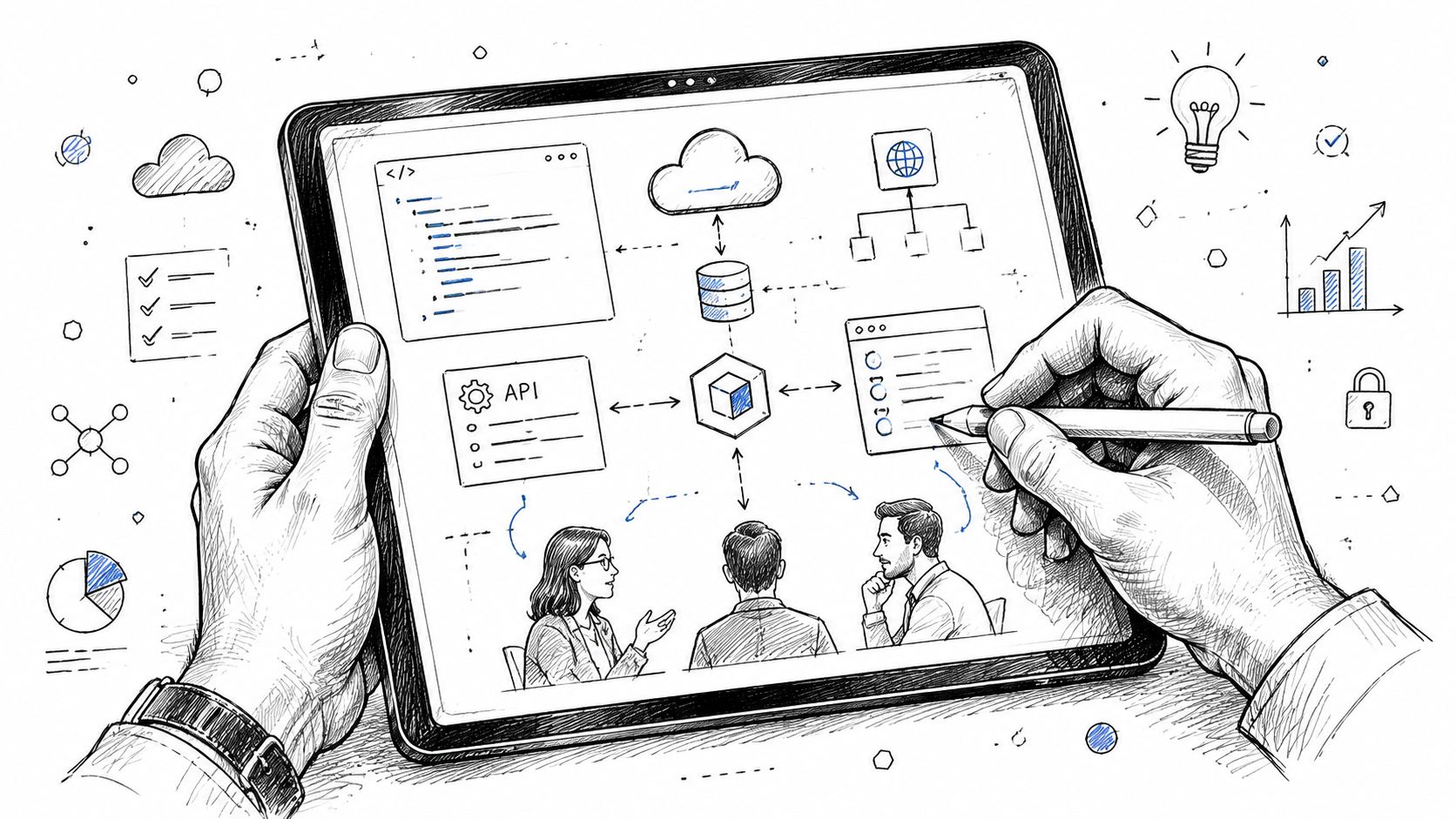 A hand sketching a software architecture diagram on a tablet screen showing API, cloud, and team components.