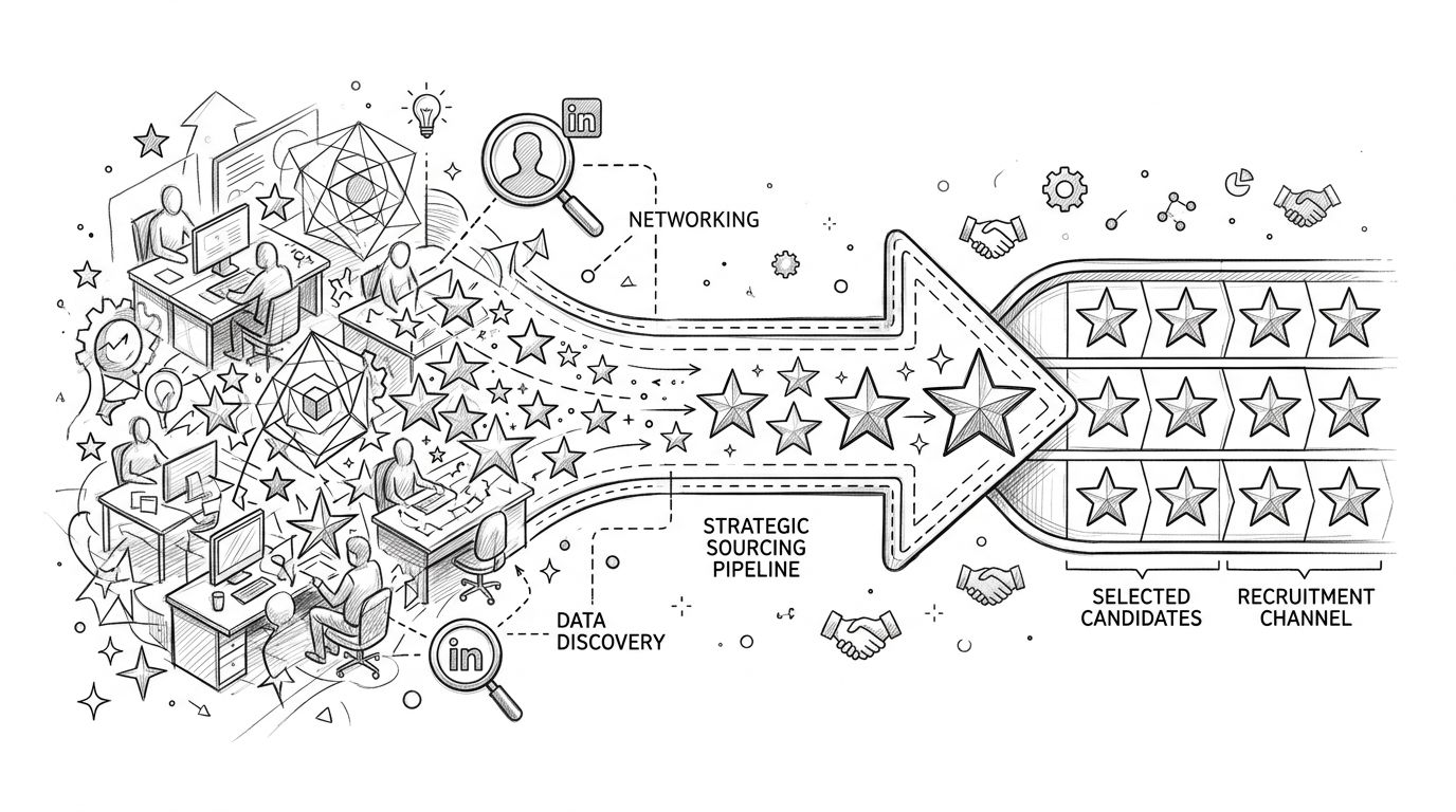 An illustration showing a strategic recruitment pipeline converting candidate data into selected top talent hires.