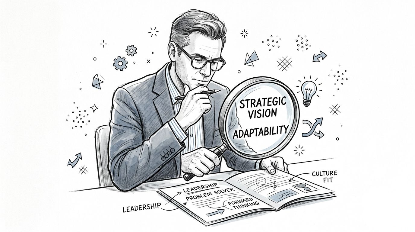 A professional man in a suit using a magnifying glass to review business leadership and strategy concepts.