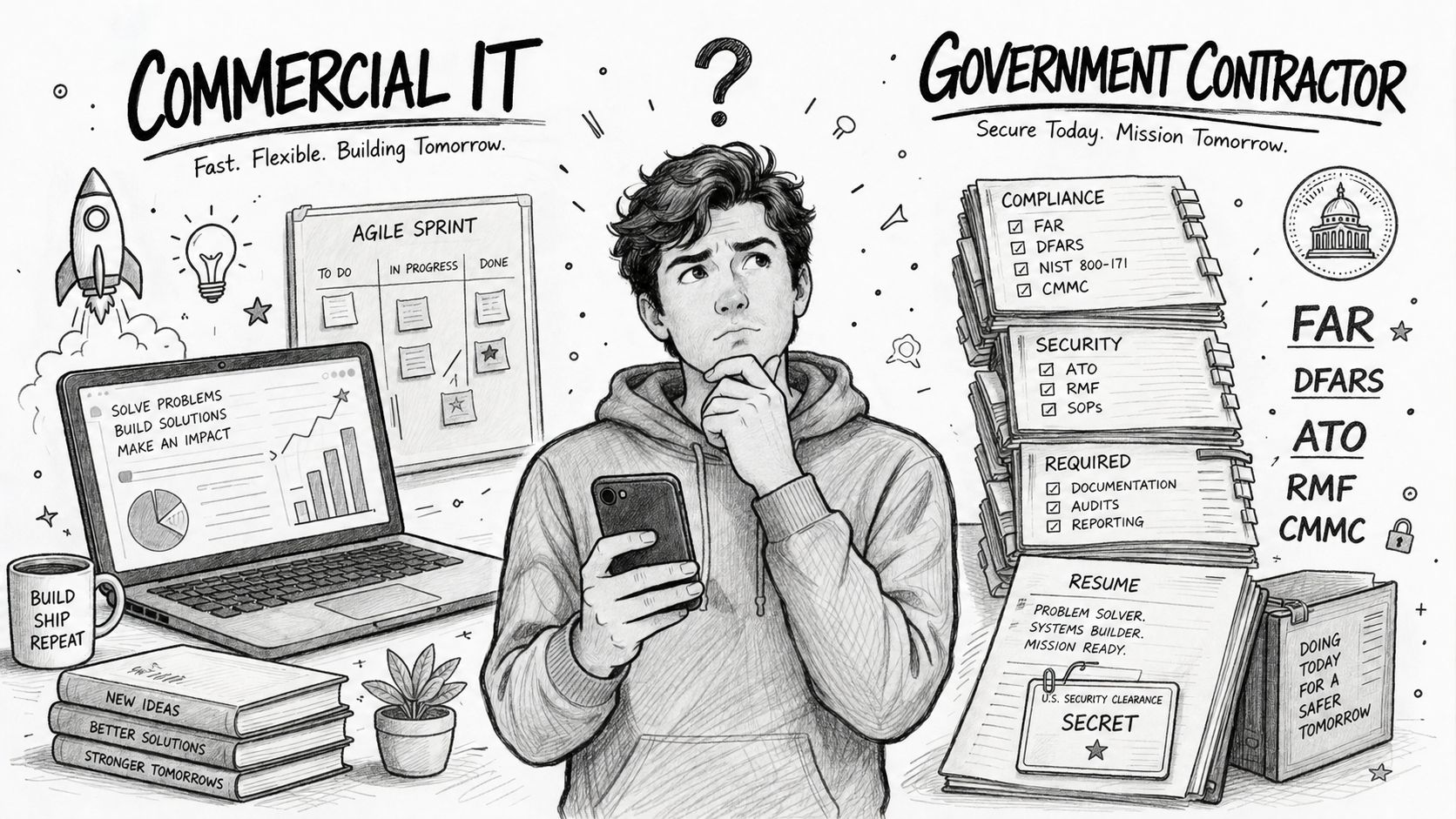 A person contemplating the career differences between commercial IT and a government contractor role with specific requirements.