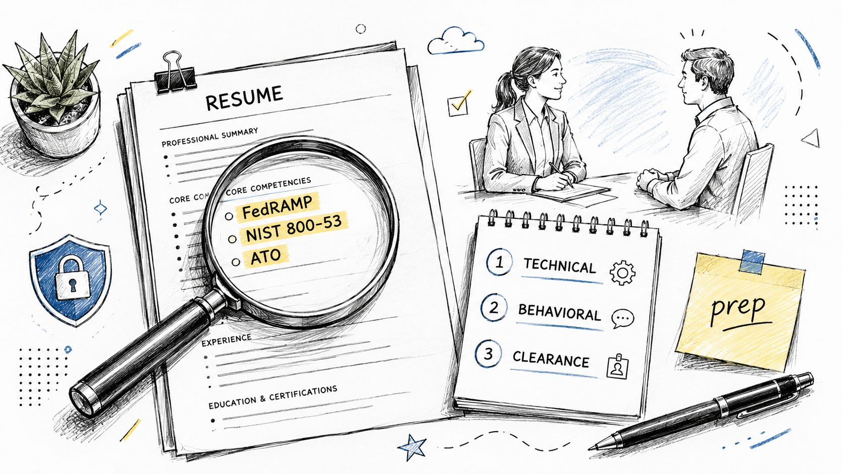 A conceptual illustration showing a resume being reviewed for government contracting compliance with job preparation steps.