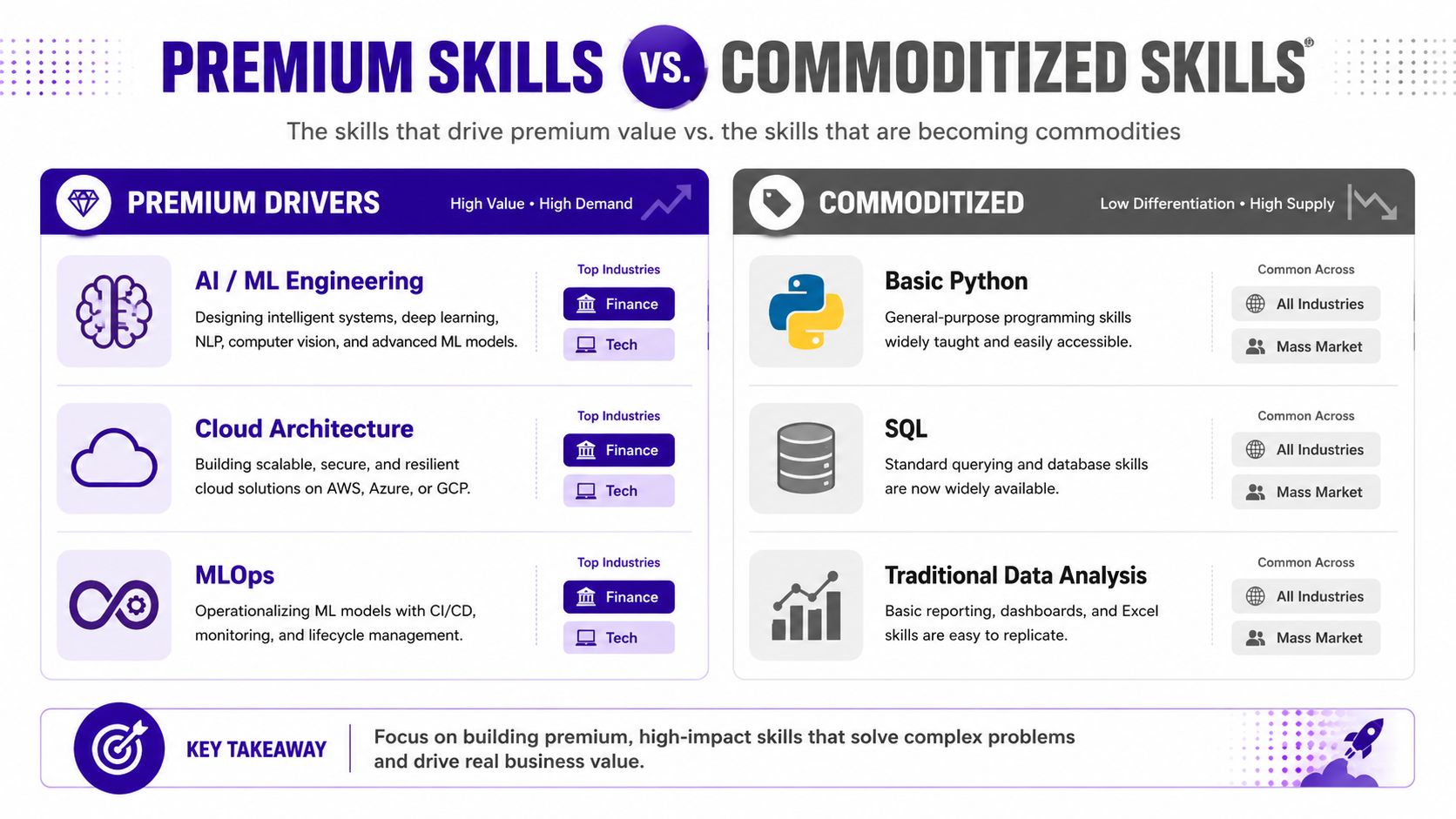 A comparison chart showing premium skills like AI engineering versus commoditized skills like Python and SQL.