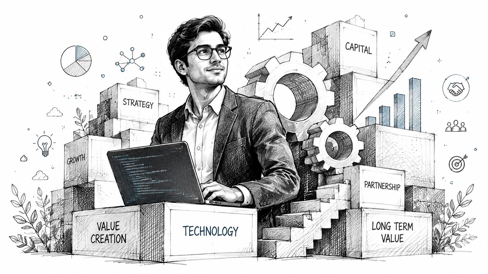 A professional private equity associate working on a laptop surrounded by conceptual business growth and investment icons.