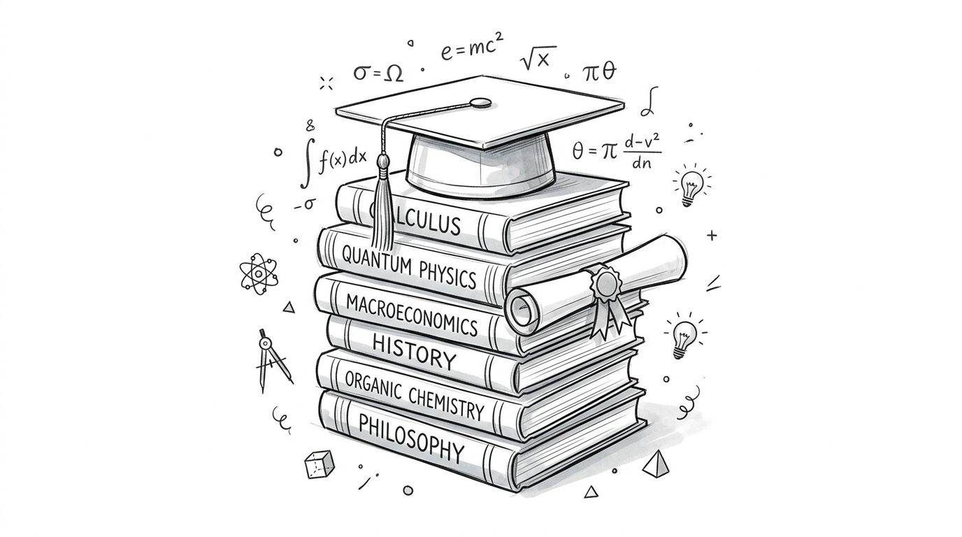 A stack of textbooks representing various academic subjects topped with a graduation cap and a diploma.