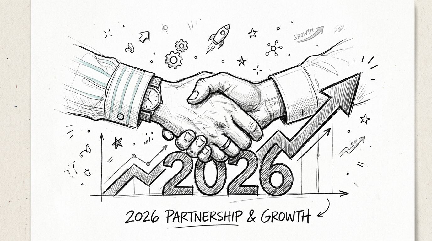 A sketched illustration of two hands shaking above the year 2026 with an upward trending growth chart.