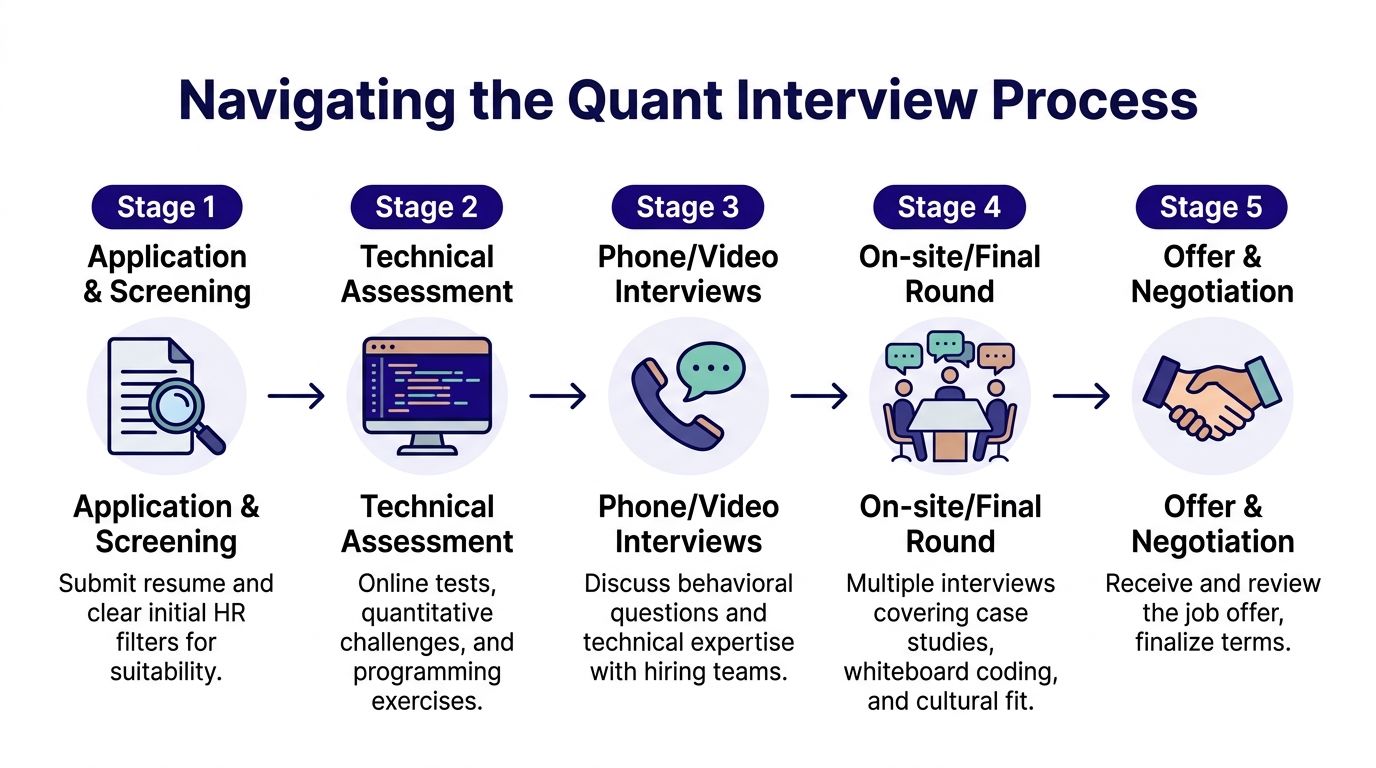 A flowchart showing the five stages of a quantitative analyst job interview process from application to offer.