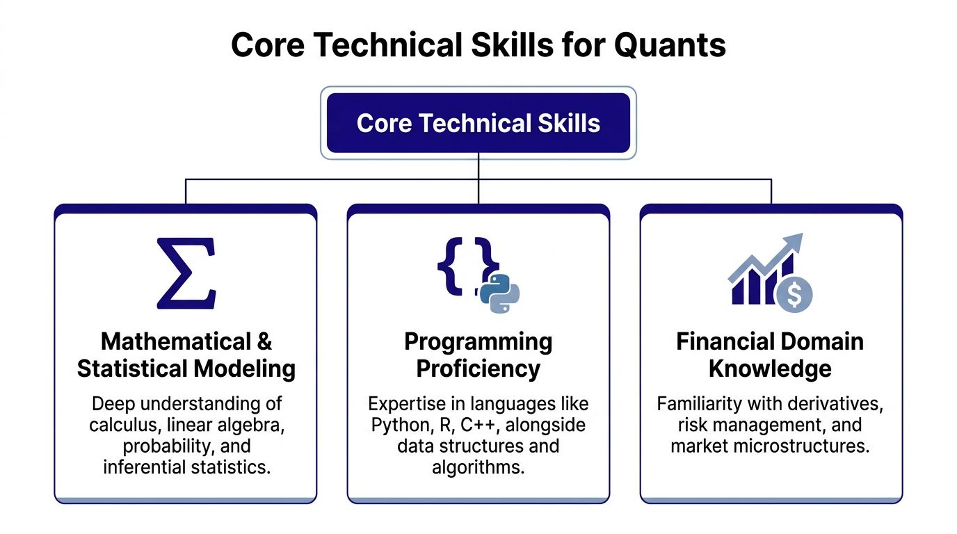 A diagram outlining the three core technical skills for quantitative analysts: mathematical modeling, programming proficiency, and financial knowledge.