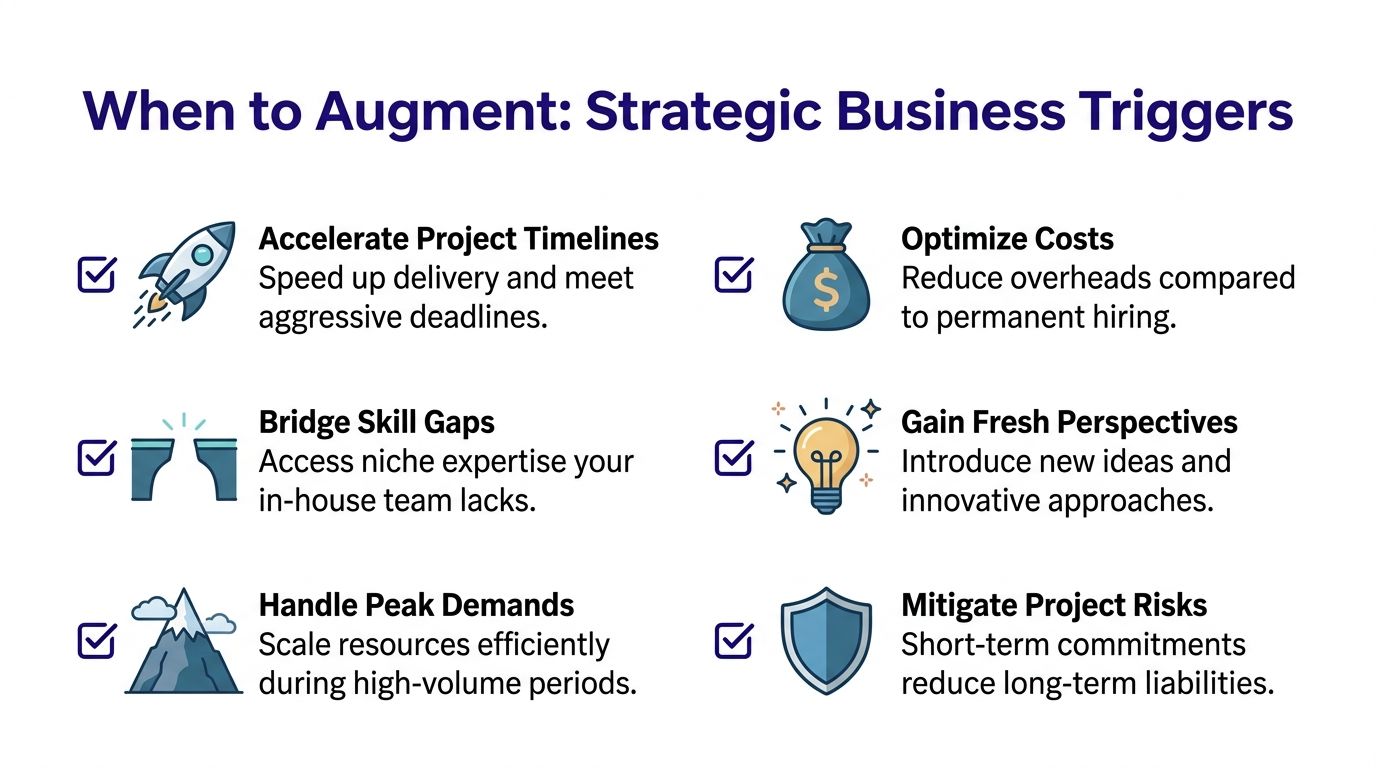 An infographic detailing strategic business triggers for choosing staff augmentation, including project speed, costs, and risk.