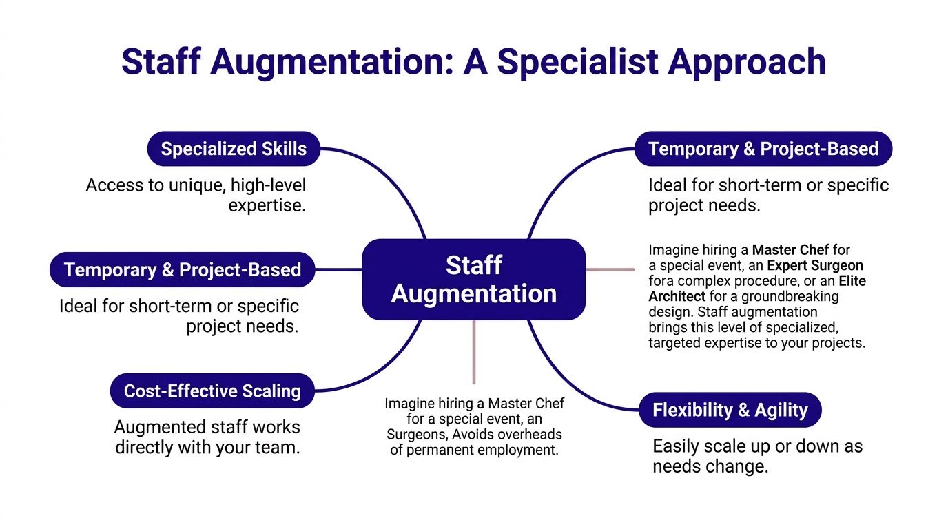 A mind map infographic explaining the concept, benefits, and examples of staff augmentation for business needs.
