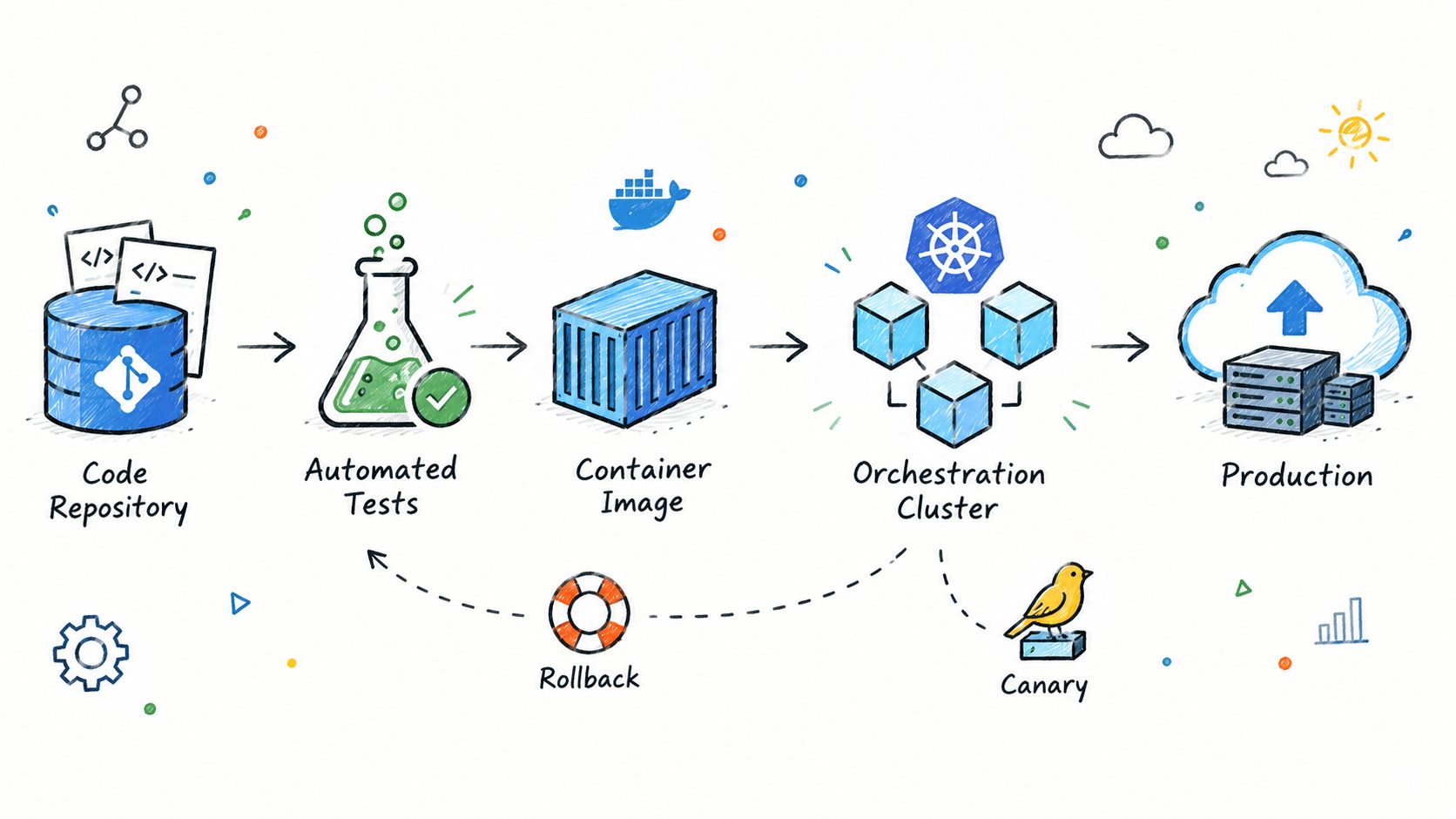 A diagram illustrating a continuous integration and continuous deployment pipeline, from code repository to production deployment.