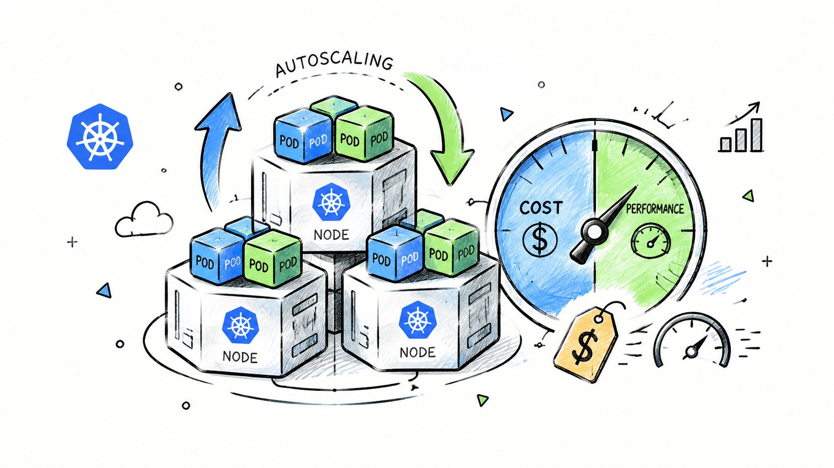 A hand-drawn illustration showing Kubernetes nodes, pods, and an autoscaling gauge measuring the balance between cost and performance.