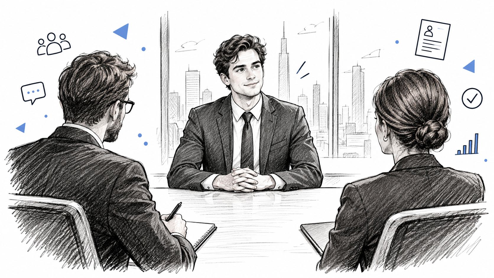 A professional job interview scene with a candidate sitting across from two recruiters in a modern office.