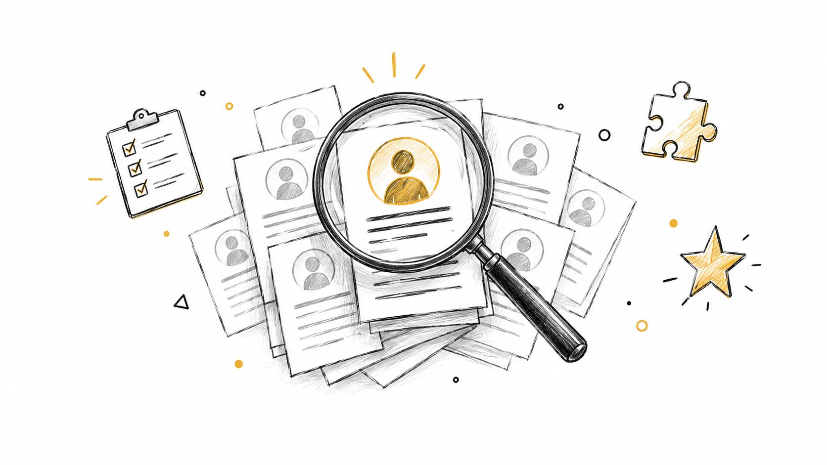 A magnifying glass inspecting a stack of resumes, representing the recruitment process and talent acquisition.