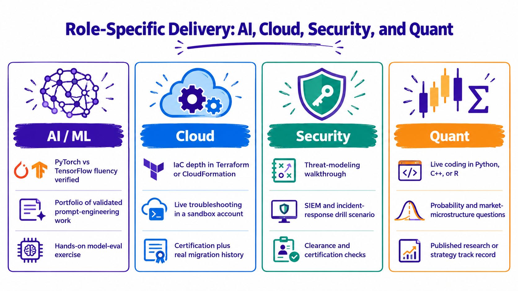 A diagram outlining role-specific technical assessments for AI, Cloud, Security, and Quant professional hiring processes.