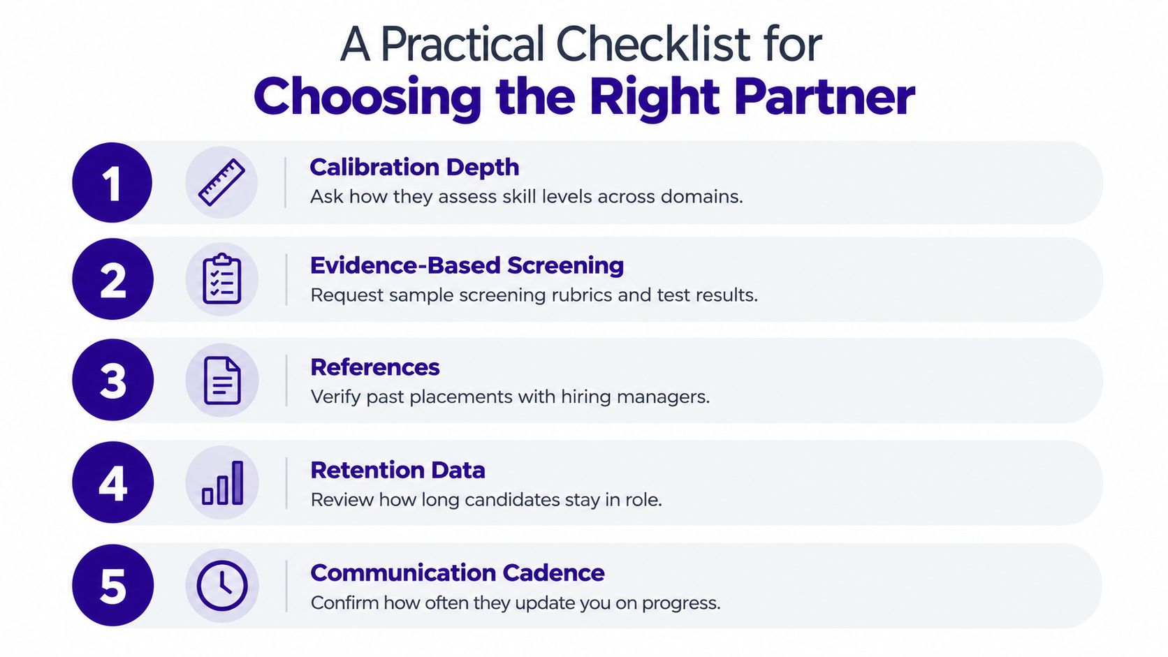 A five-point checklist titled A Practical Checklist for Choosing the Right Partner for recruitment services.