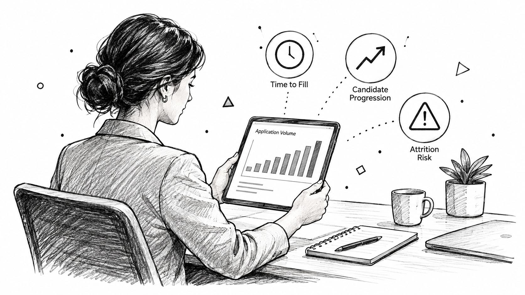 A professional woman viewing recruitment analytics on a tablet, featuring charts and HR performance metrics.