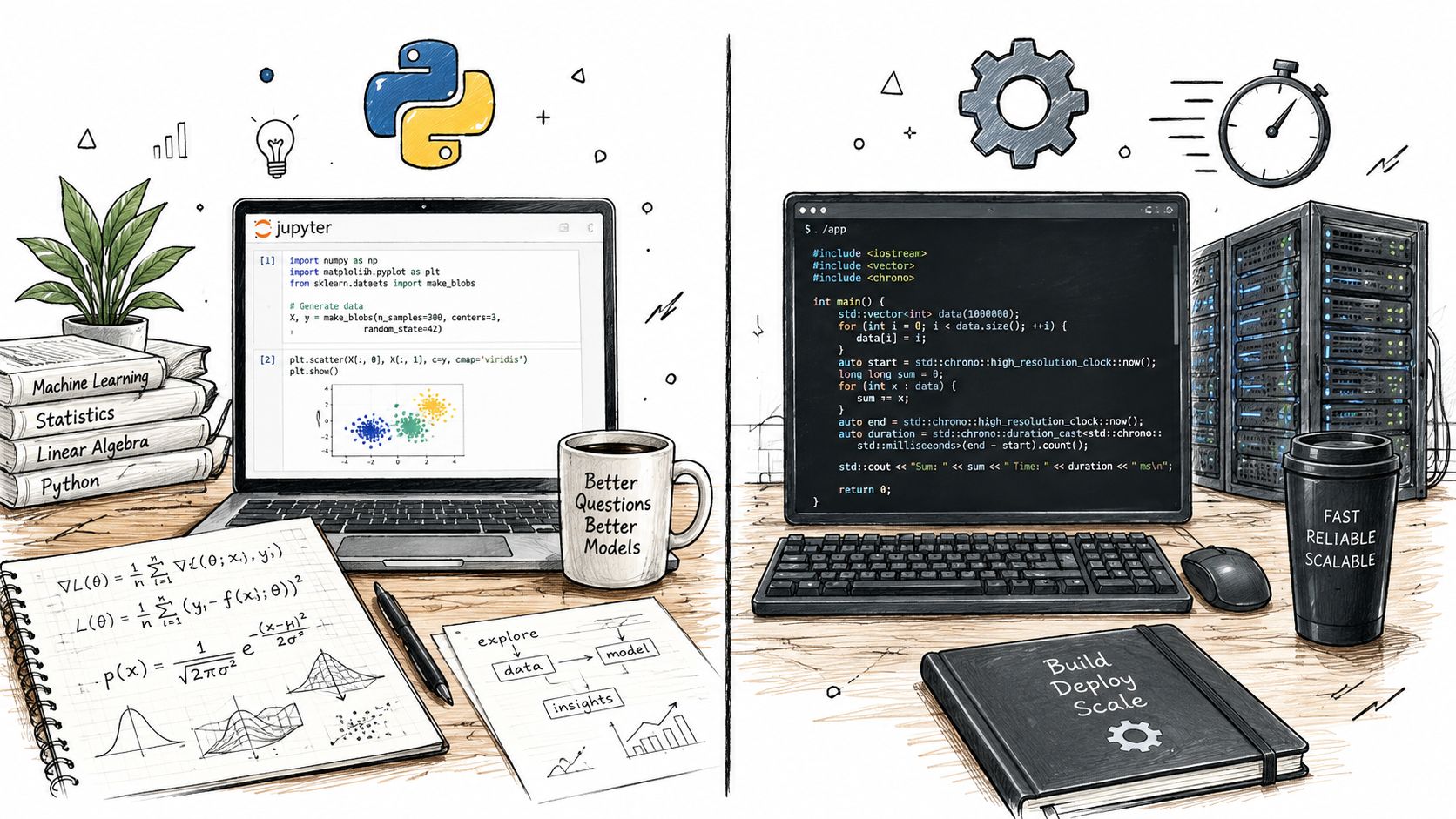 A split illustration comparing a data science workspace with Python code and a quantitative development engineering environment.